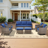 Belord 7-piece patio conversation set with wicker sofa, swivel chairs, and ottomans for outdoor lounging and entertaining.