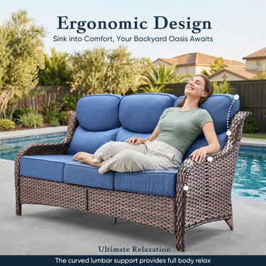 Belord oversized 3-seater wicker sofa with high back and 6-inch cushions, stylish outdoor seating for comfortable relaxation.