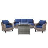 Belord 5-piece outdoor patio furniture set with wicker sofa, two chairs, gray fire pit, and side table for outdoor living