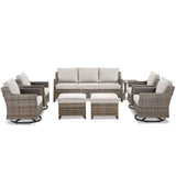 Belord 8-piece patio conversation set with sofa, four swivel chairs, two ottomans, and side tables in outdoor furniture arrangement