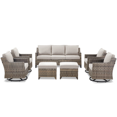 Belord 7-piece patio conversation set includes sofa, four swivel chairs, and two ottomans with PE wicker in FG Series.