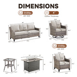 Belord 7-piece patio fire pit set with sofa, swivel chairs, and side table for outdoor living and entertaining.