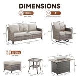 Belord 7-piece fire pit patio set with sofa, swivel chairs, ottomans, and side table, perfect for outdoor gatherings.