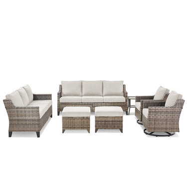 Belord 7-piece patio conversation set with sofas, two swivel chairs, two ottomans, and a side table in outdoor setting.