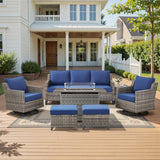 Belord 7-piece fire pit patio set with sofa, swivel chairs, ottomans, and side table for outdoor living.