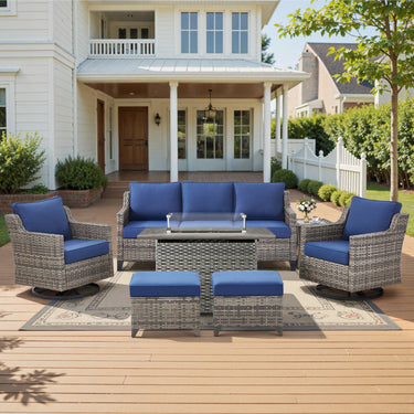 Belord 7-piece fire pit patio set with sofa, swivel chairs, ottomans, and side table for outdoor living.
