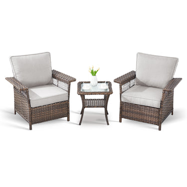 Belord outdoor wicker patio chair set with three chairs and side table, perfect for garden or patio seating.