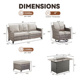 Belord 6-piece patio fire pit set with swivel sofa chairs and ottomans, rattan hearth for outdoor patio gatherings.