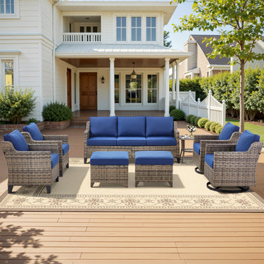 Belord 8-piece modular patio conversation set with sofa, swivel chairs, ottomans, and side table for outdoor seating.