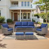Belord 7-piece patio conversation set with sofa, two swivel chairs, coffee table, and two ottomans for outdoor relaxation.