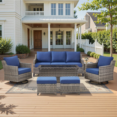 Belord 7-piece patio conversation set with sofa, two swivel chairs, coffee table, and two ottomans for outdoor relaxation.