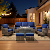 Belord 6-piece fire pit patio set with sofa, swivel chairs, and ottomans made of rattan and hearth for outdoor gatherings.