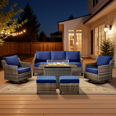 Belord 6-piece fire pit patio set with sofa, swivel chairs, and ottomans made of rattan and hearth for outdoor gatherings.