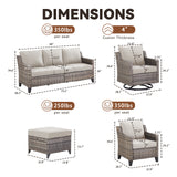 Belord 7-piece patio conversation set with wicker sofa, swivel chairs, and ottomans in outdoor garden setting