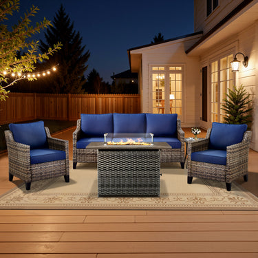 Belord 5-piece outdoor patio furniture set with wicker sofa, two chairs, gray fire pit, and side table for outdoor living.