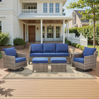 Belord 6-piece patio conversation set with sofa, 2 swivel chairs, 2 ottomans, and glass table for outdoor lounging.