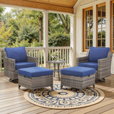 Outdoor patio swivel chair set with two glider chairs, ottomans, and glass accent table from Belord FG Series.