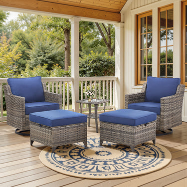 Outdoor patio swivel chair set with two glider chairs, ottomans, and glass accent table from Belord FG Series.