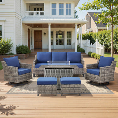 Belord 6-piece fire pit set with rattan patio sofa, swivel chairs, and ottomans around a fire table for outdoor entertaining.