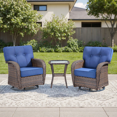 Belord 3-piece outdoor patio swivel T-back chairs with side table in T Series, featuring comfortable cushions and durable metal frames.