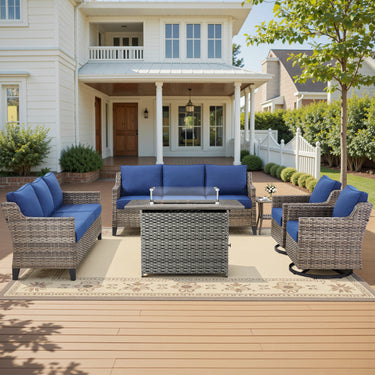 Belord 6-piece fire pit set with twin sofas, swivel chairs, side table, and hearth for patio outdoor warming and seating.