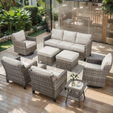 Belord 8-piece modular patio conversation set with sofa, swivel chairs, ottomans, and side table in outdoor patio setting