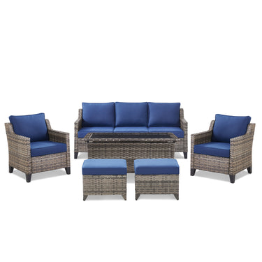 Belord 6-piece outdoor lounge set with hand-woven wicker sofa, patio chairs, coffee table, ottomans, and comfy cushions.