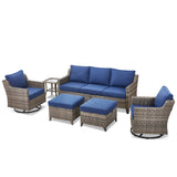 Belord 6-piece patio conversation set with sofa, two swivel chairs, two ottomans, and glass table for outdoor lounging.