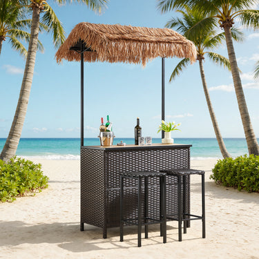 Belord 3-piece outdoor tiki bar set with canopy, wicker table, bar stools, wine rack, and storage for patio entertaining.