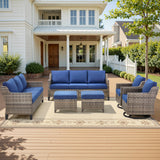 Belord 6-piece outdoor patio conversation set with high-back sectional, wicker swivel rockers, and matching chairs in FG series.