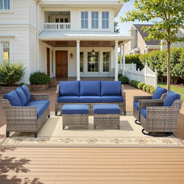 Belord 6-piece outdoor patio conversation set with high-back sectional, wicker swivel rockers, and matching chairs in FG series.