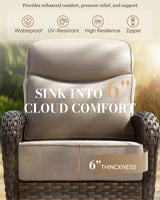 Belord outdoor swivel glider patio chairs with cushioned wicker seats and side table in a luxurious 6-inch thick cushion set.