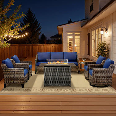 Belord 7-piece patio fire pit set with sofa, swivel chairs, and side table, featuring cushioned seats and modern design.