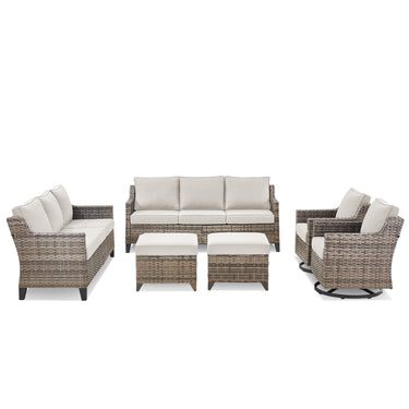 Belord 6-piece outdoor patio conversation set with high-back sectional, wicker swivel rockers, and matching chairs for outdoor relaxation.