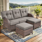 Belord 3-seater T-back patio sofa with 5-inch thick cushions and two ottomans from the T Series, perfect for outdoor conversation.