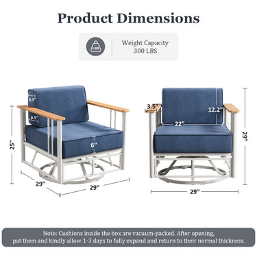 Pair of Belord patio swivel rocker chairs with 6-inch cushions, sturdy design, suitable for outdoor seating, part of BINGLI series.