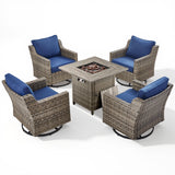 Belord 5-piece patio fire table set with four swivel chairs and a central fire pit table for outdoor entertaining.
