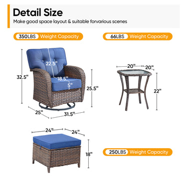 Belord 5-piece outdoor patio conversation set with swivel T-back chairs, table, and ottoman for relaxing outdoor seating.