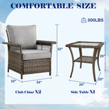 Set of three Belord outdoor wicker patio chairs with matching side table, ideal for garden or porch seating.