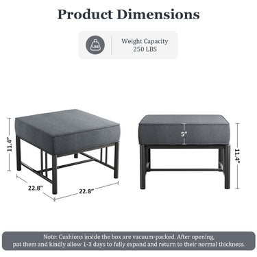 Belord BINGLI series outdoor ottomans, set of 2 with 300lb weight capacity and 5-inch cushions, shown in a patio setting.