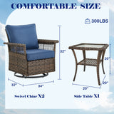 Set of three Belord wicker swivel patio chairs with cushions and a side table, part of the SS Series outdoor furniture collection.