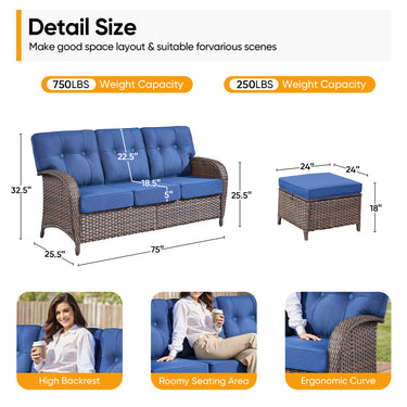Belord T-Series 3-seater patio sofa with thick cushions and two ottomans, perfect for outdoor conversation spaces.