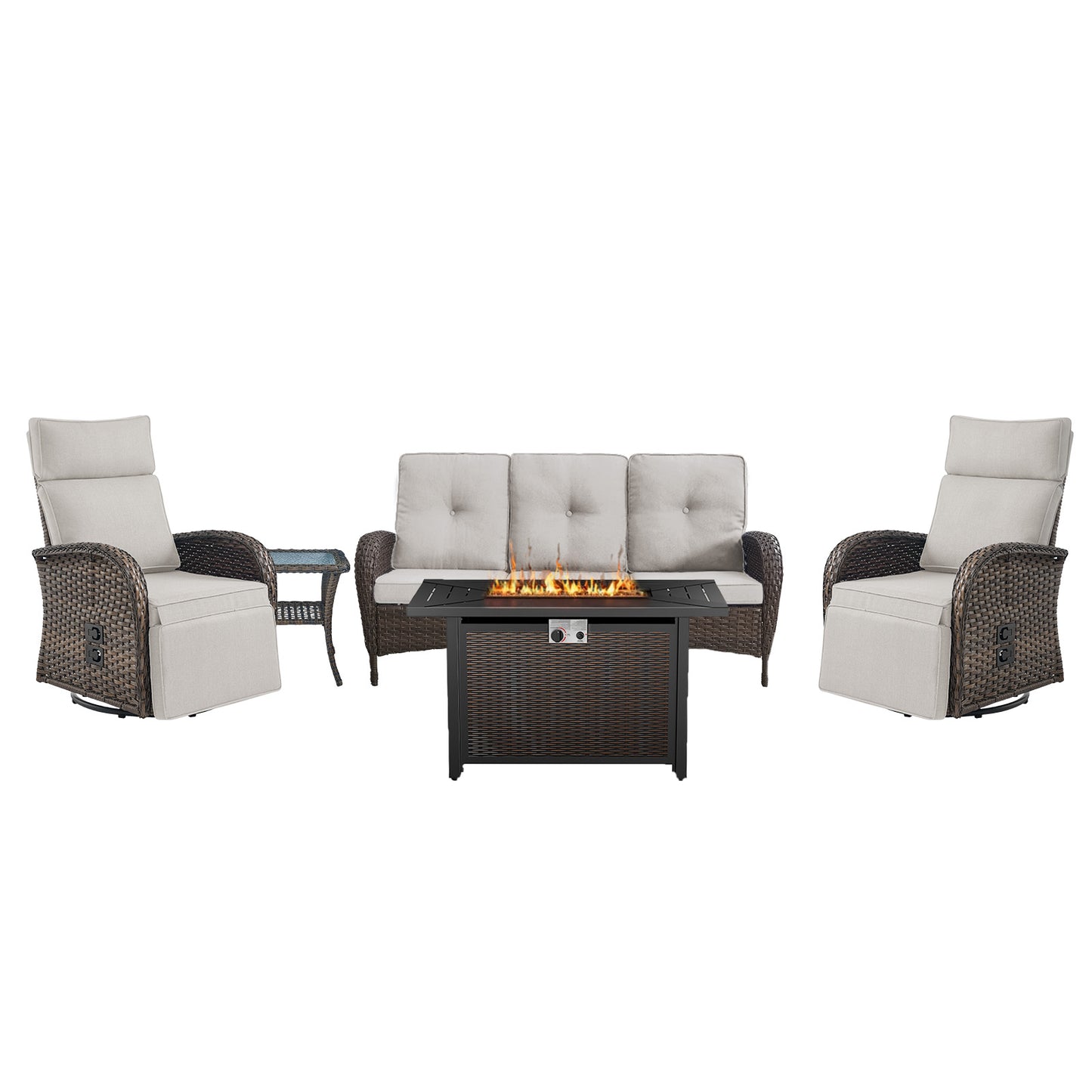 NDS Series 5-Piece Premium Outdoor Set: 2 Swivel Recliners + 1 Sofa & 43" Propane Fire Table with Side Table