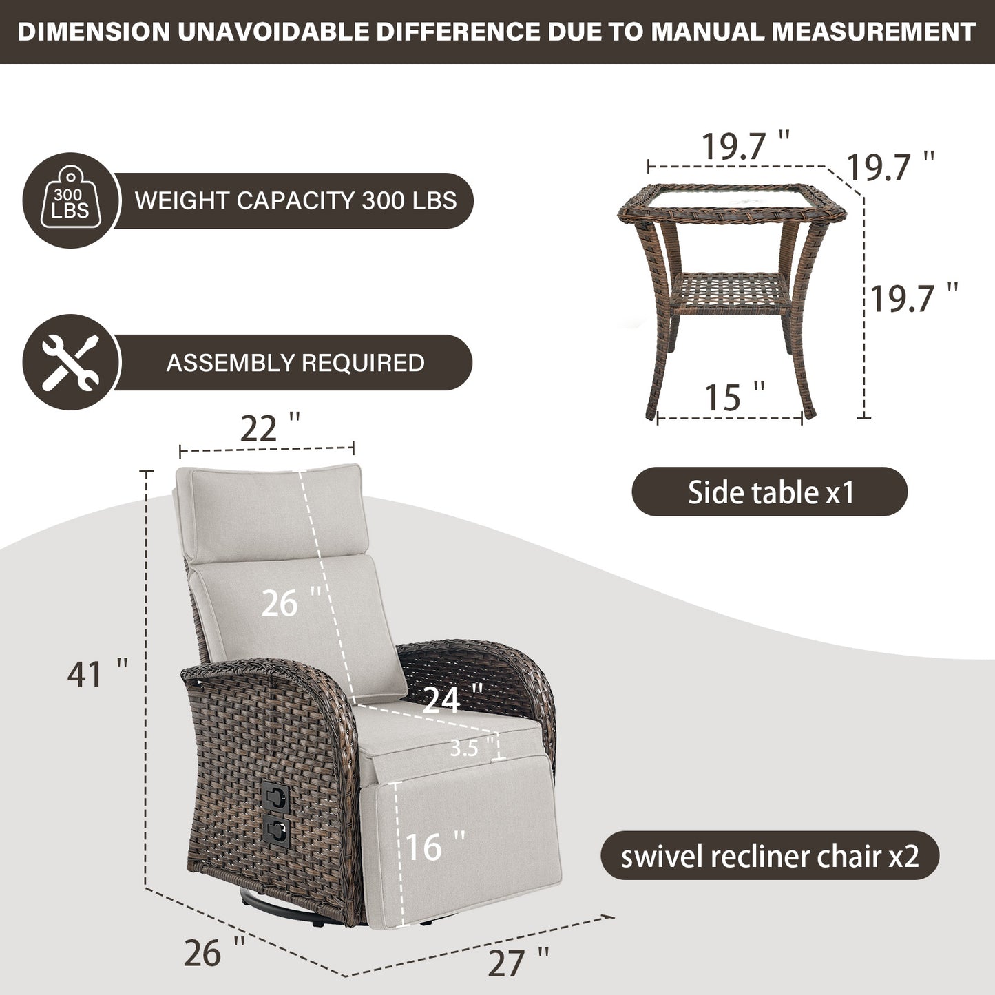 Luxury 3-Piece Adjustable Swivel Set - 360° Rotating PE Wicker Recliners with Side Tables, NDS Series