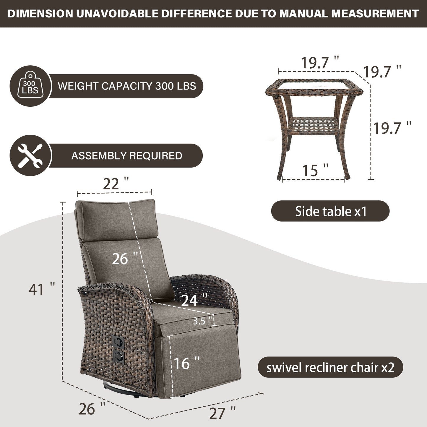 Luxury 3-Piece Adjustable Swivel Set - 360° Rotating PE Wicker Recliners with Side Tables, NDS Series