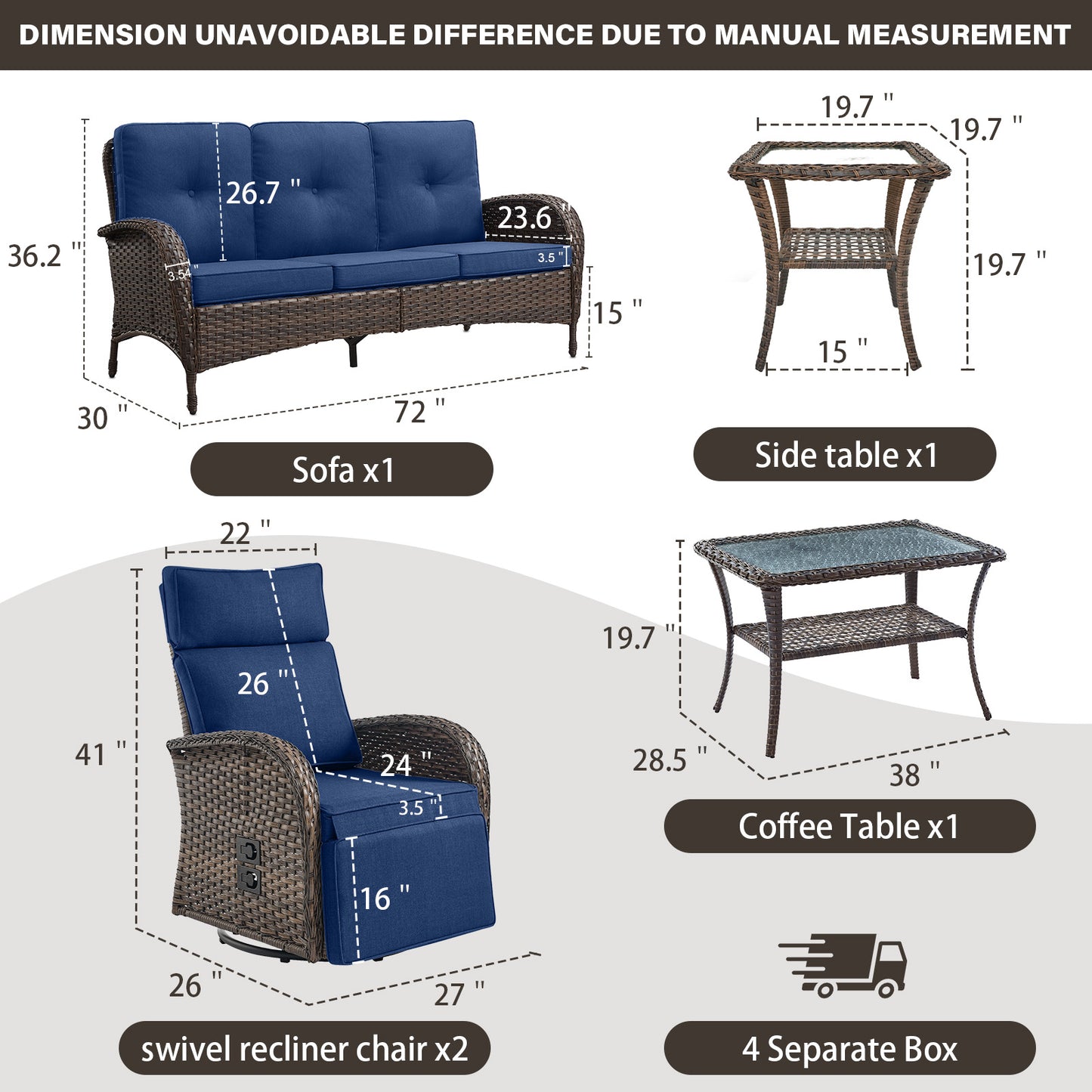 5-Piece Premium Patio Set: PE Wicker Swivel Recliner + Removable Sofa & Chaise Lounge - Adjustable Backrest/Footrest with Coffee Table, NDS Series