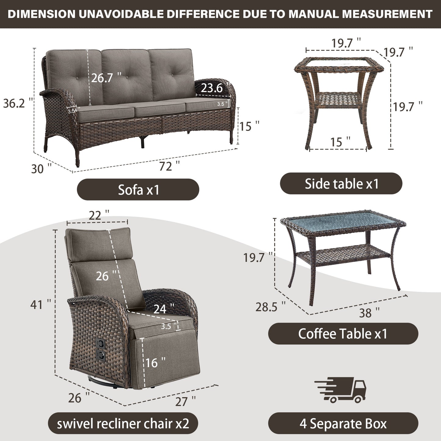 5-Piece Premium Patio Set: PE Wicker Swivel Recliner + Removable Sofa & Chaise Lounge - Adjustable Backrest/Footrest with Coffee Table, NDS Series