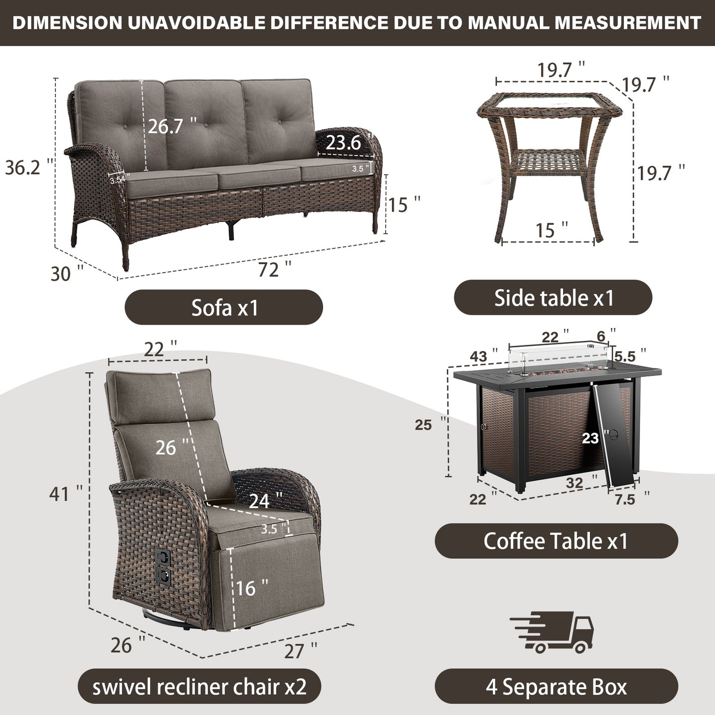 NDS Series 5-Piece Premium Outdoor Set: 2 Swivel Recliners + 1 Sofa & 43" Propane Fire Table with Side Table