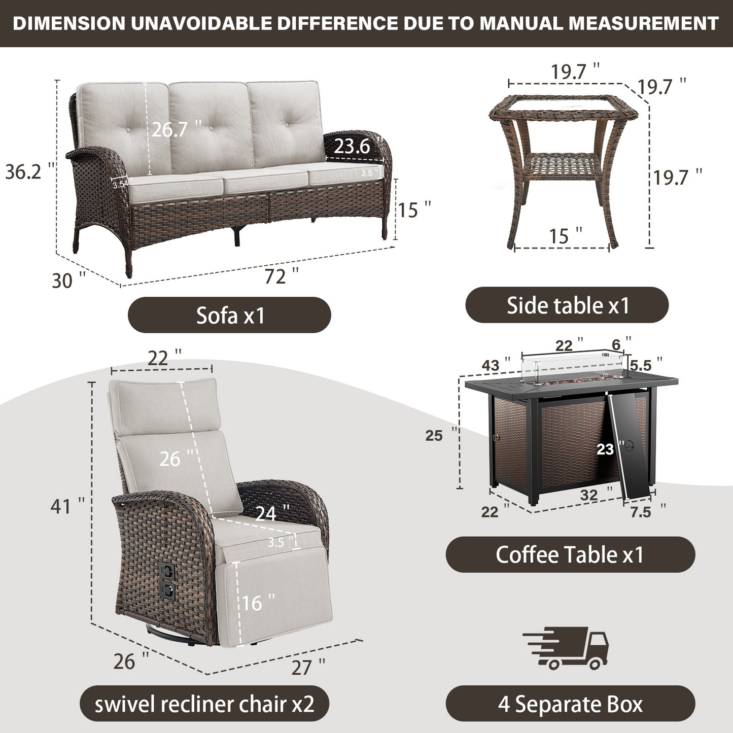 NDS Series 5-Piece Premium Outdoor Set: 2 Swivel Recliners + 1 Sofa & 43" Propane Fire Table with Side Table