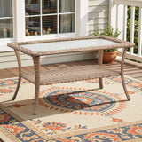 Belord outdoor wicker coffee table with glass top and storage shelf, part of the NTC patio conversation set.